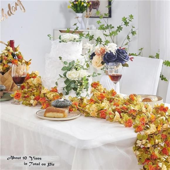 8 Pcs 66FT Fall Garland, Artificial Rose Vine Flowers with Green Leaves Hanging - Picture 3 of 6